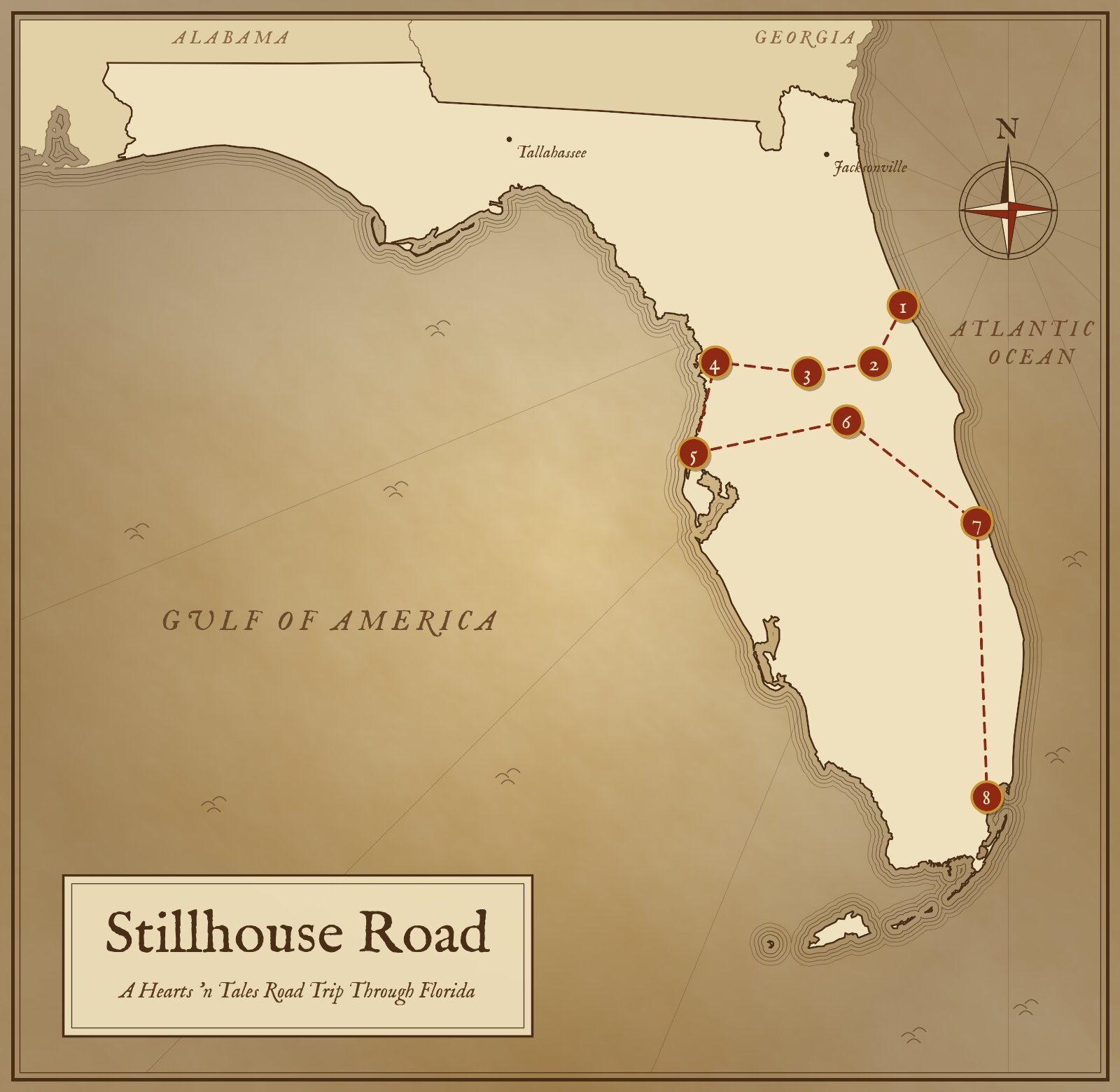 An old-style map of Florida showing the numbered stops of Stillhouse Road, from Holly Hill in the north to Miami in the south.